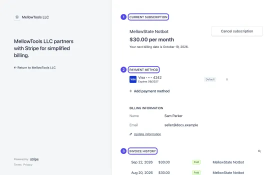 The whole billing page, with Current subscription numbered 1, Payment method numbered 2 and Invoice history numbered 3.