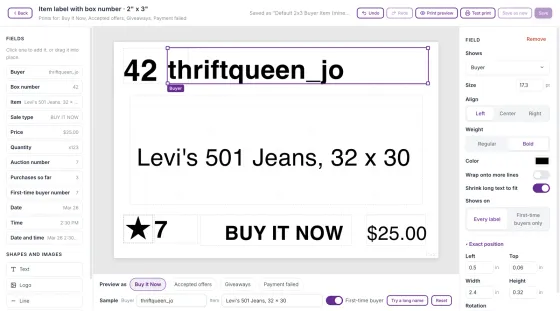 The label editor with Fields on the left, the label on the canvas in the middle with the Preview as and Sample row under it, and the properties panel on the right.