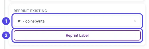 The Reprint Existing box with buyer #1 coinsbyrita picked in the list, marked 1, and the Reprint Label button, marked 2.