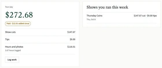Your pay for the week: the total, Paid with what was added since, then Show cuts, Tips and Hours and photos, and the show you ran with your cut and tips.