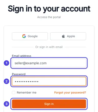 Our sign-in page in the web browser, with the email box, password box and Sign in button numbered 1 to 3, and the Google and Apple buttons above them.