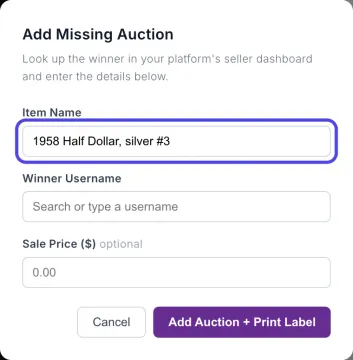 The Add Missing Auction window with the Item Name box circled and filled in with 1958 Half Dollar, silver #3.