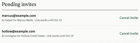 The Pending invites box with the invites still open, as helper for Marcus Webb and as consigner for Hollow Creek Estate, each with the date the link works until and a Cancel invite button.
