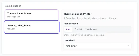The Your printers card: Thermal_Label_Printer, Default printer, and Second_Label_Printer, Not used, which is circled.
