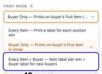 The open Print Mode list with three choices: Every Item, Buyer Only (checked) and Every Item + Buyer, which is circled.