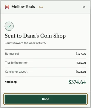 The window after sending: Sent to Dana's Coin Shop, the week it counts toward, the runner's cut, the tips, the consigner's payout and You keep, with the Done button circled.