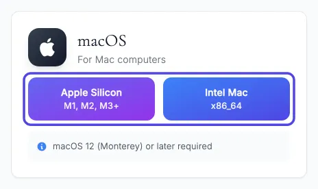 The macOS download box, with the two buttons circled: Apple Silicon (M1, M2, M3+) on the left and Intel Mac on the right.