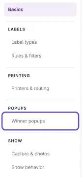 The list of settings pages on the left side of Advanced Settings, with Winner popups circled.