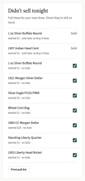 Didn't sell tonight: two items marked Sold because they sold later as Buy It Now, then the unsold items each with a ticked box, and the Print pull list button.