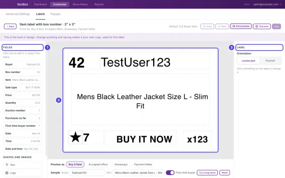 The whole label editor: the Fields list on the left (its heading numbered 1), the label in the middle numbered 2, and the settings panel on the right (its heading, Label, numbered 3).