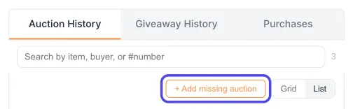 The history tabs under the live panel with Auction History selected, the search box, and the Add missing auction button.