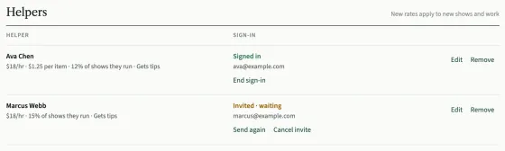 The Helpers list on the Team page: Ava Chen, signed in, and Marcus Webb, invited and waiting, each with their pay rates.