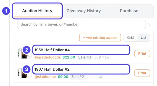 The Auction History list in the NotBot panel. The Auction History tab is numbered 1, the newest sale 1958 Half Dollar #4 is numbered 2 and the sale before it, 1967 Half Dollar #2, is numbered 3. Lot #3 is missing between them.