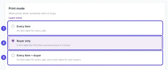 The Print mode card on the Basics page with the three choices numbered 1 to 3: Every item, Buyer only (selected) and Every item + buyer.
