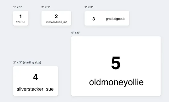 A buyer label printed at each of the five sizes, shown at their real proportions: 1 by 1 inch, 2 by 1, 1 by 3, 2 by 3 (the starting size) and 4 by 6.