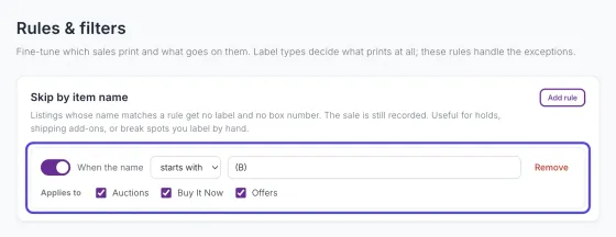 The Rules & filters page with one Skip by item name rule, its on switch, the starts with choice, the word, and the Applies to boxes.