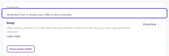 The Storage box on the Capture & photos page. The line saying how many photos from how many shows use how much space is circled. Below it are the Keep setting and the Show photos folder button.