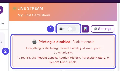 The top of the NotBot panel with auto-print off. The printer picture and the grey switch are marked 1 and the red Printing is disabled box, which says Click to enable, is marked 2.