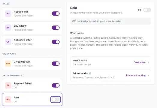 The Label types page with the Raid row selected. Its switch, which is off, is circled. The box on the right explains what a raid label prints.