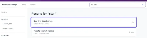 The search box with star typed in, and the results under Results for “star”. The result Star first-time buyers, on the Rules & filters page, is circled.
