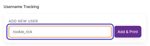 The Username Tracking section with rookie_rick typed in the Enter username box under Add New User, circled.
