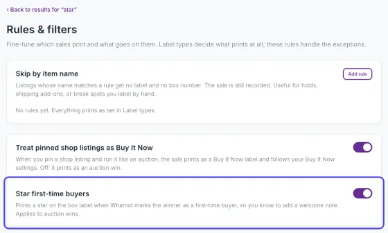 The Rules & filters page opened from the search, with the Star first-time buyers setting highlighted and circled, and Back to results for “star” above the page.