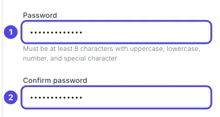 The Password box, numbered 1, and the Confirm password box, numbered 2, both filled in with hidden characters, with the password rules written under the first box.