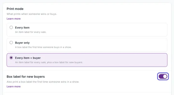 The Basics page after choosing Every item + buyer. The Box label for new buyers switch, turned on, is circled.