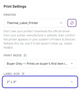 The Print Settings card with Thermal_Label_Printer chosen as the printer, and the Label Size box, showing 2 by 3 inches, circled.