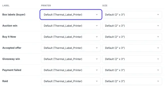 The Which labels print where table with the columns Label, Printer and Size. The Printer box on the Box labels (buyer) row, which says Default (Thermal_Label_Printer), is circled.