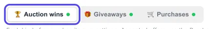 The three popup kinds at the top of the Winner popups box: Auction wins (selected, circled), Giveaways and Purchases, each with a green dot.