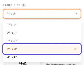 The open Label Size list with the five sizes 1 by 1, 2 by 1, 1 by 3, 2 by 3 and 4 by 6 inches. 2 by 3, the size in use, is circled.