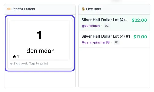 Recent Labels with a card for buyer denimdan circled. Its status line says Skipped. Tap to print.