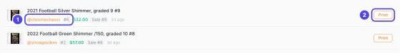 The first two items in the Items list. On the first item, the buyer's username and number are marked 1 and the Print button is marked 2.