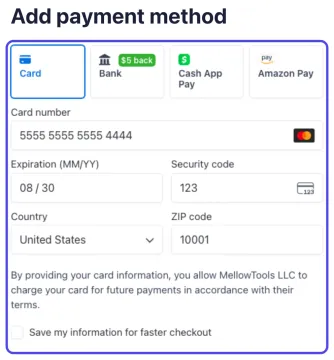 The Add payment method page with Card picked and the card number, expiration date, security code and ZIP code filled in, all circled.