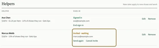 The Helpers list: Ava Chen is Signed in with End sign-in under her email, and Marcus Webb's sign-in, Invited · waiting with Send again and Cancel invite, is circled.