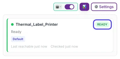 The printer status box under the auto-print switch. It shows the printer name Thermal_Label_Printer with a green dot, the word Ready under it, and a green READY badge, which is circled.