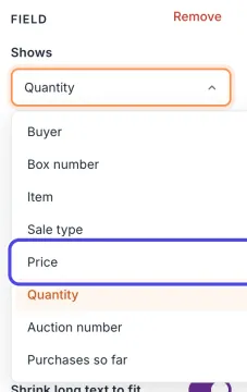 The Shows list open in the settings panel, listing Buyer, Box number, Item, Sale type, Price, Quantity and more. Price is circled.