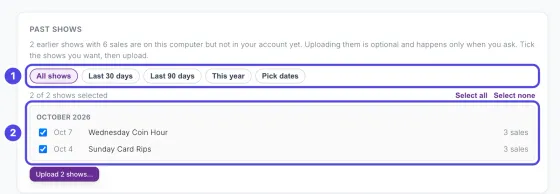 The Past shows part of the box, saying 2 earlier shows with 6 sales are not in your account yet. The date buttons are numbered 1 and the ticked list of shows is numbered 2.