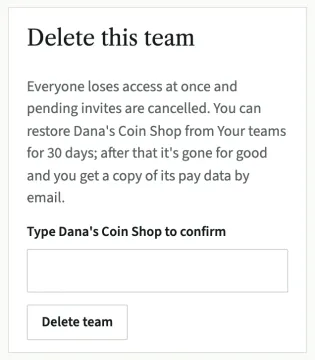 The Delete this team box with the explanation, a box to type the team's name, and the Delete team button.