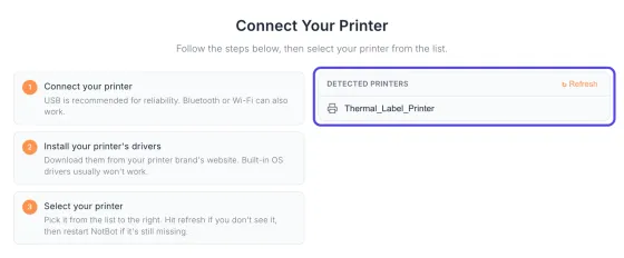 The Connect Your Printer screen: three setup notes on the left, and on the right the Detected Printers list, circled, showing Thermal_Label_Printer with a Refresh button above it.