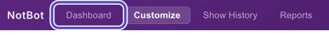 The top of the NotBot window with the Dashboard button circled.