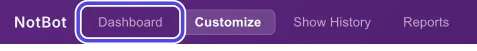 The top of the NotBot window with the Dashboard button circled.