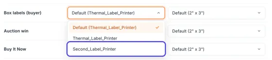 The open Printer list on the Box labels row with Default (Thermal_Label_Printer), Thermal_Label_Printer and Second_Label_Printer. Second_Label_Printer is circled.