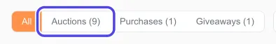 The row of filter buttons above the item list: All, Auctions (9), Purchases (1) and Giveaways (1), with Auctions circled.