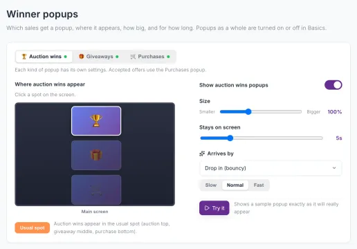 The Winner popups page with the auction wins, giveaways and purchases choices, the picture of your screens, and the size, time and arrival controls.