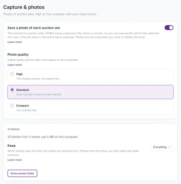 The Capture & photos page with Save a photo of each auction win switched on, the Photo quality choices, and the Storage card with the Keep list and Show photos folder.