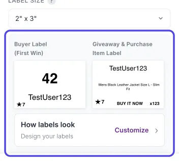 The label previews under Label Size, circled: a buyer label with the number 42 and the username TestUser123, and an item label, with the How labels look link underneath.