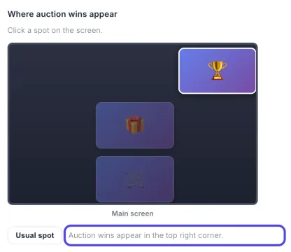 The screen picture with the bright auction card now in the top right corner. Below it, the sentence Auction wins appear in the top right corner is circled, next to the Usual spot button.