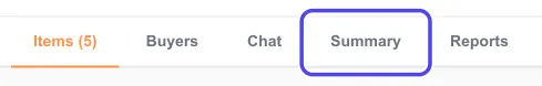 The tabs on the show details page: Items, Buyers, Chat, Summary and Reports. Summary is circled.